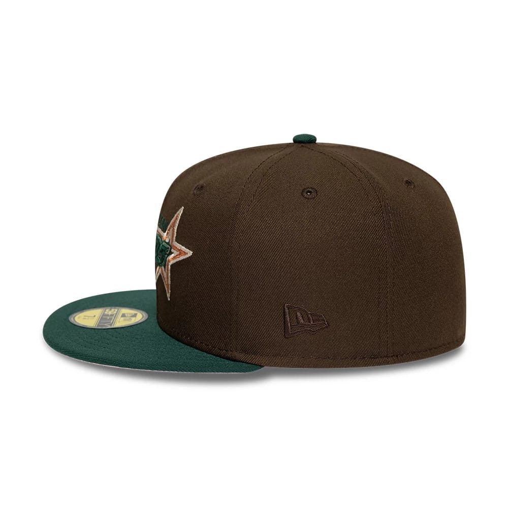 Astros MLB Cooperstown Dark Brown & Dark Green New Era 59FIFTY Fitted Cap, side view showing a dark brown embroidered New Era flag logo on the left side, a structured dark brown crown, and a flat dark green visor with a gold 59FIFTY size sticker.