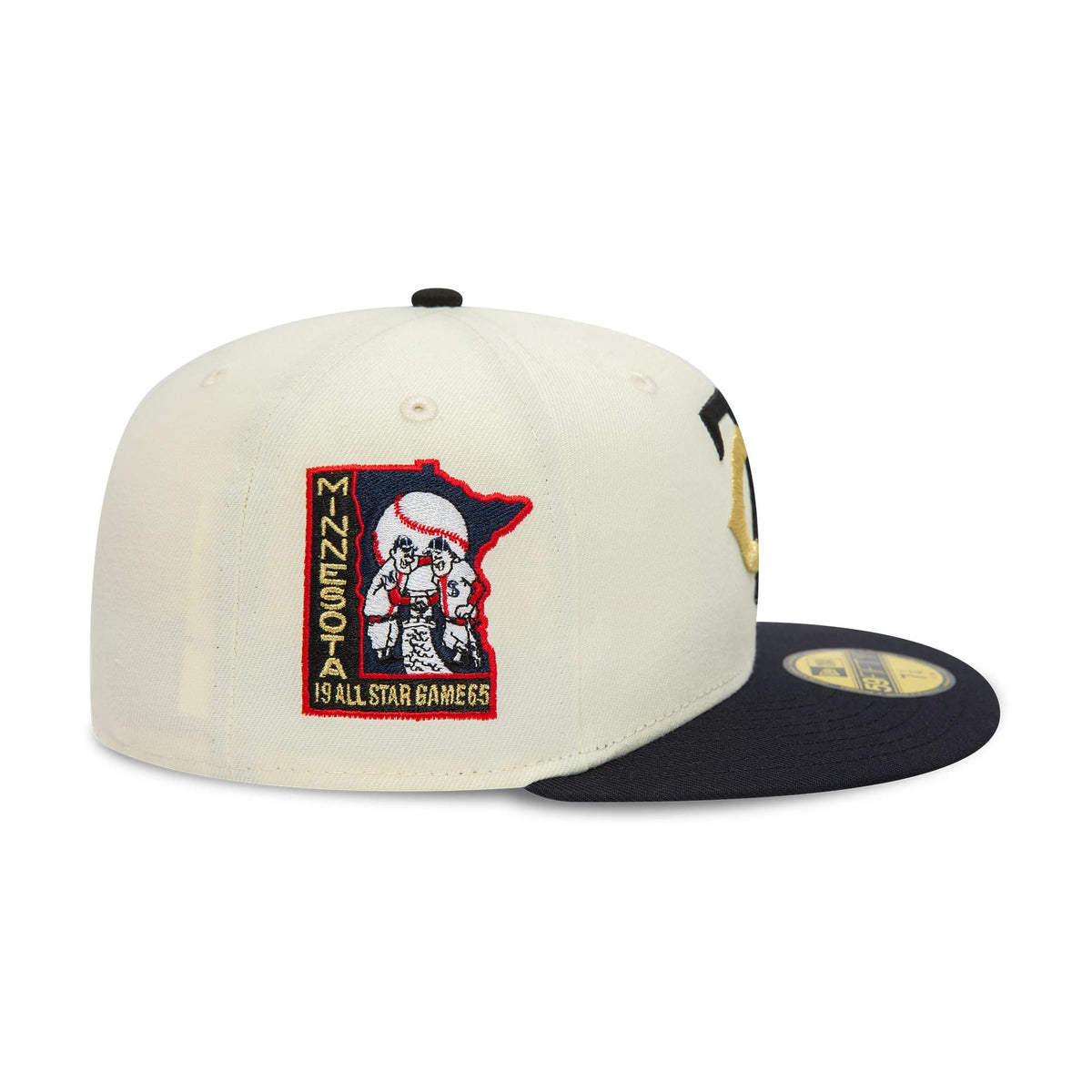 Minnesota Twins MLB White New Era 59FIFTY Fitted Cap, side view showing the colourful embroidered 1965 All-Star Game patch on the white crown, a contrasting navy flat visor, and the gold 59FIFTY size sticker on the top of the visor.