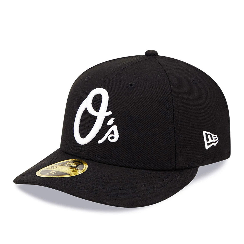 Baltimore Orioles MLB Black Low Profile New Era 59FIFTY Fitted Cap, front view showing the white embroidered O's logo on the front panel, black curved visor with a gold 59FIFTY size sticker, and the New Era flag logo on the left side.