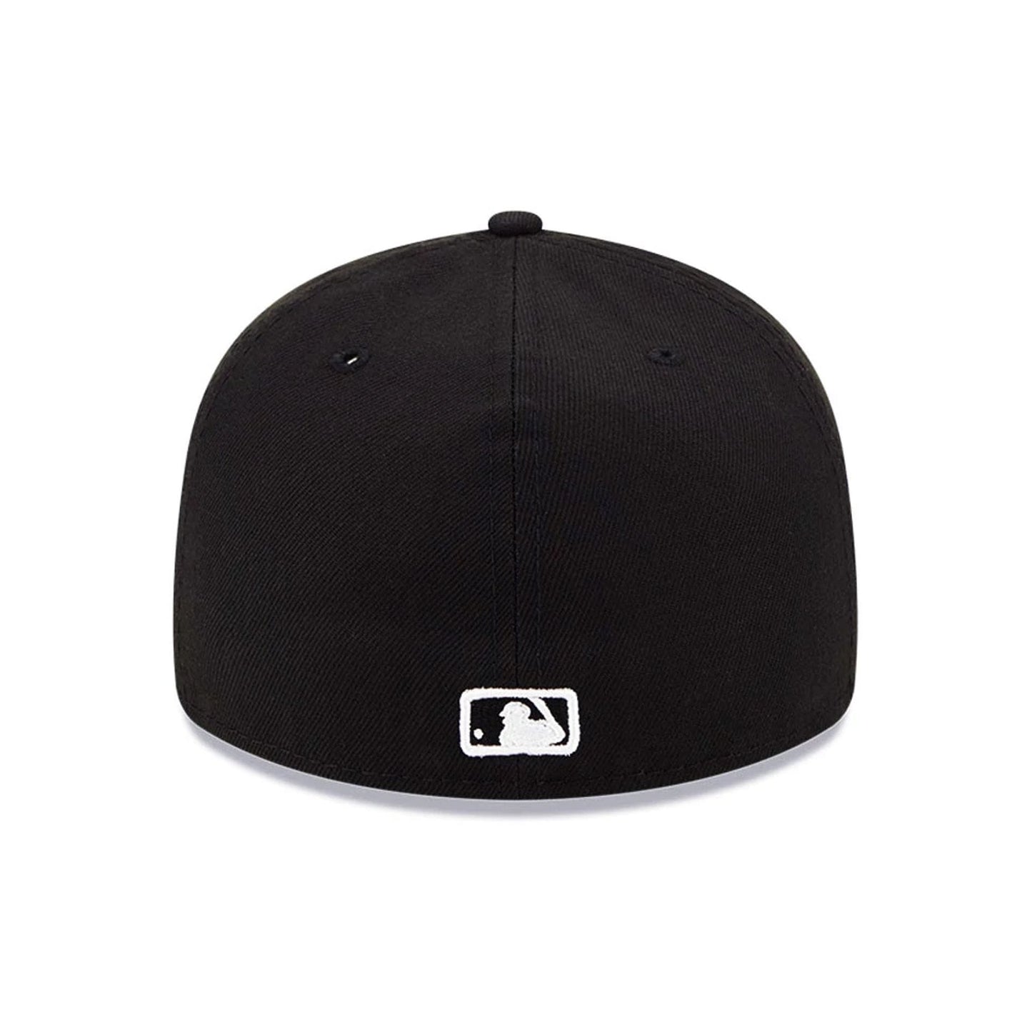 Baltimore Orioles MLB Black Low Profile New Era 59FIFTY Fitted Cap, rear view showing the white embroidered MLB Batterman logo centred on the back panels, with a structured black crown featuring two small black eyelets and a top button.
