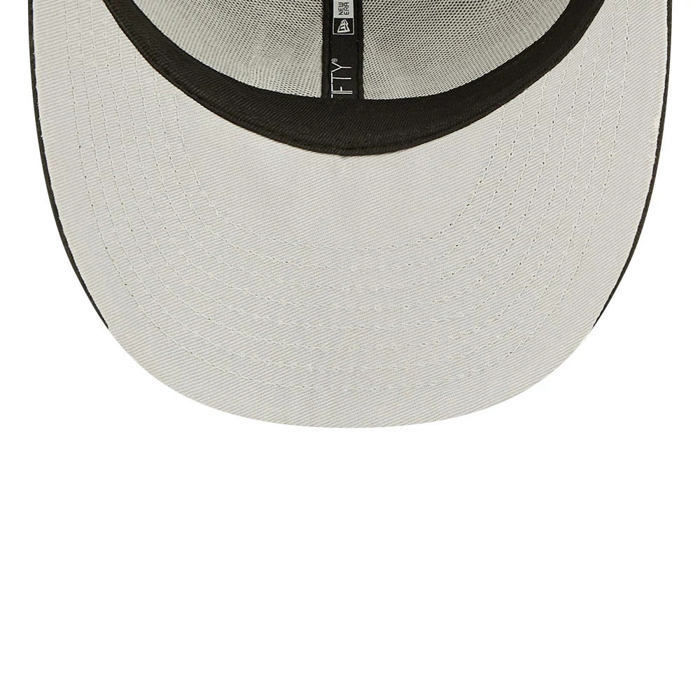 Baltimore Orioles MLB Black Low Profile New Era 59FIFTY Fitted Cap, inside view showing the grey undervisor with black edge, black taping with white 59FIFTY branding, and needlework on the panel seams.