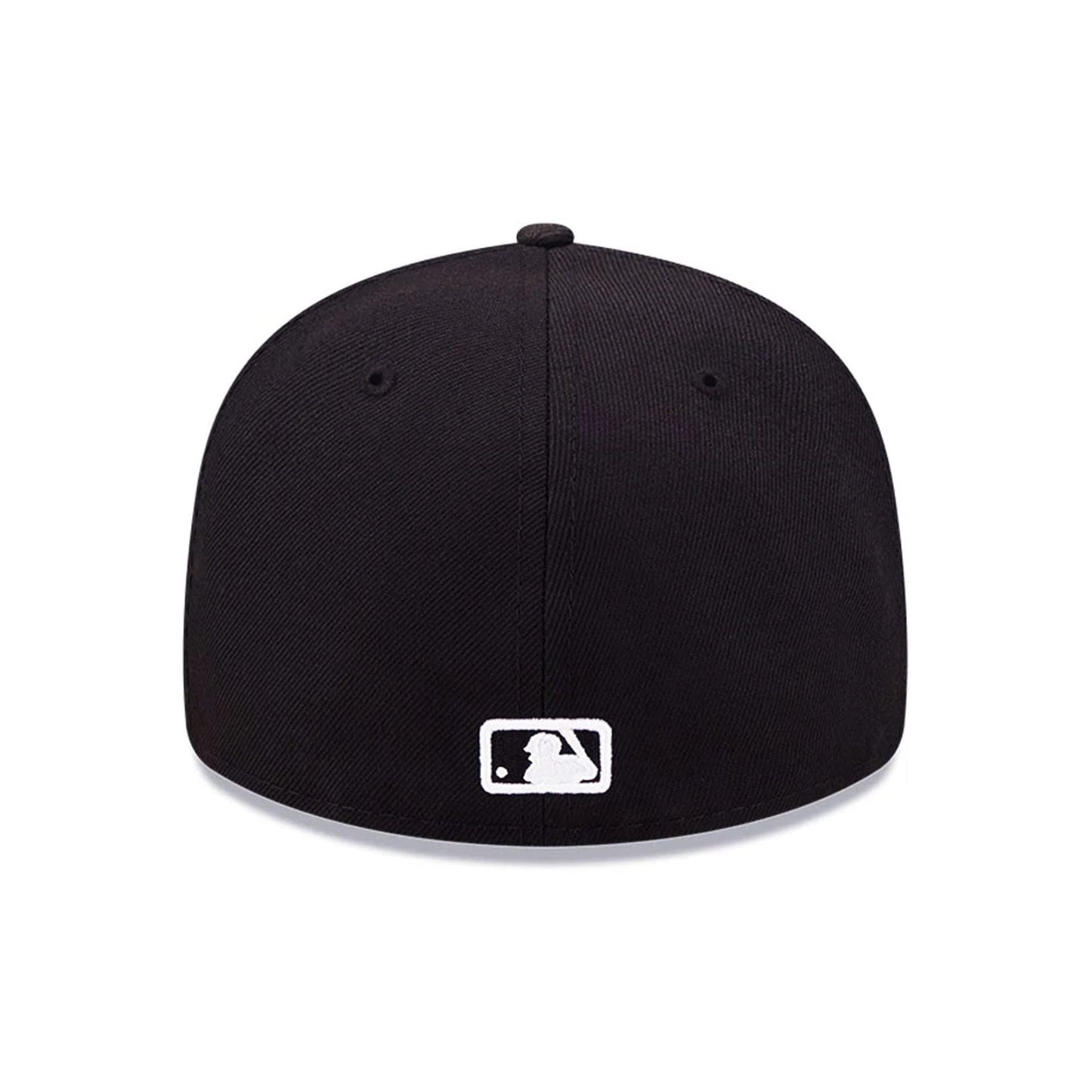 Cincinnati Reds MLB Black Low Profile New Era 59FIFTY Fitted Cap, rear view showing the white embroidered MLB Batterman logo centred on the back panels, complemented by black eyelets and a matching top button on the structured black crown.