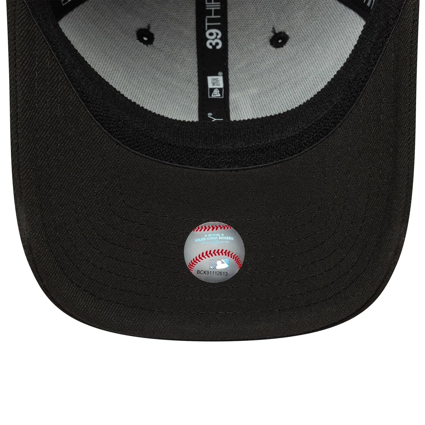 LA Dodgers MLB Black New Era 39THIRTY Stretch Fit Cap, inside view showing black taping with white lettering, a black sweatband, grey undervisor, and a round baseball sticker with red stitching on the base of the black visor.