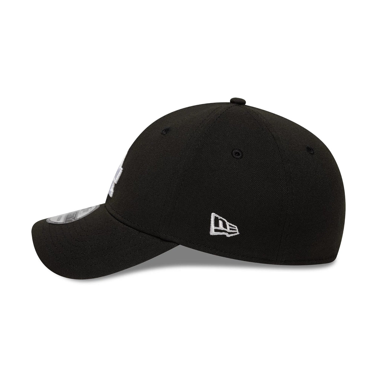 LA Dodgers MLB Black New Era 39THIRTY Stretch Fit Cap, side view showing the white embroidered New Era flag logo on the left side of the structured black crown, with a curved black visor featuring a 39THIRTY size sticker.