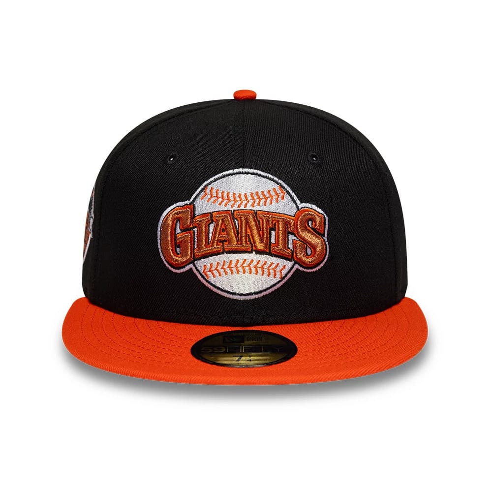 San Francisco Giants MLB Cooperstown Black New Era 59FIFTY Fitted Cap, front view showing the raised embroidered Giants logo with a baseball design on the black crown, contrasted by a orange flat visor with a gold 59FIFTY size sticker.