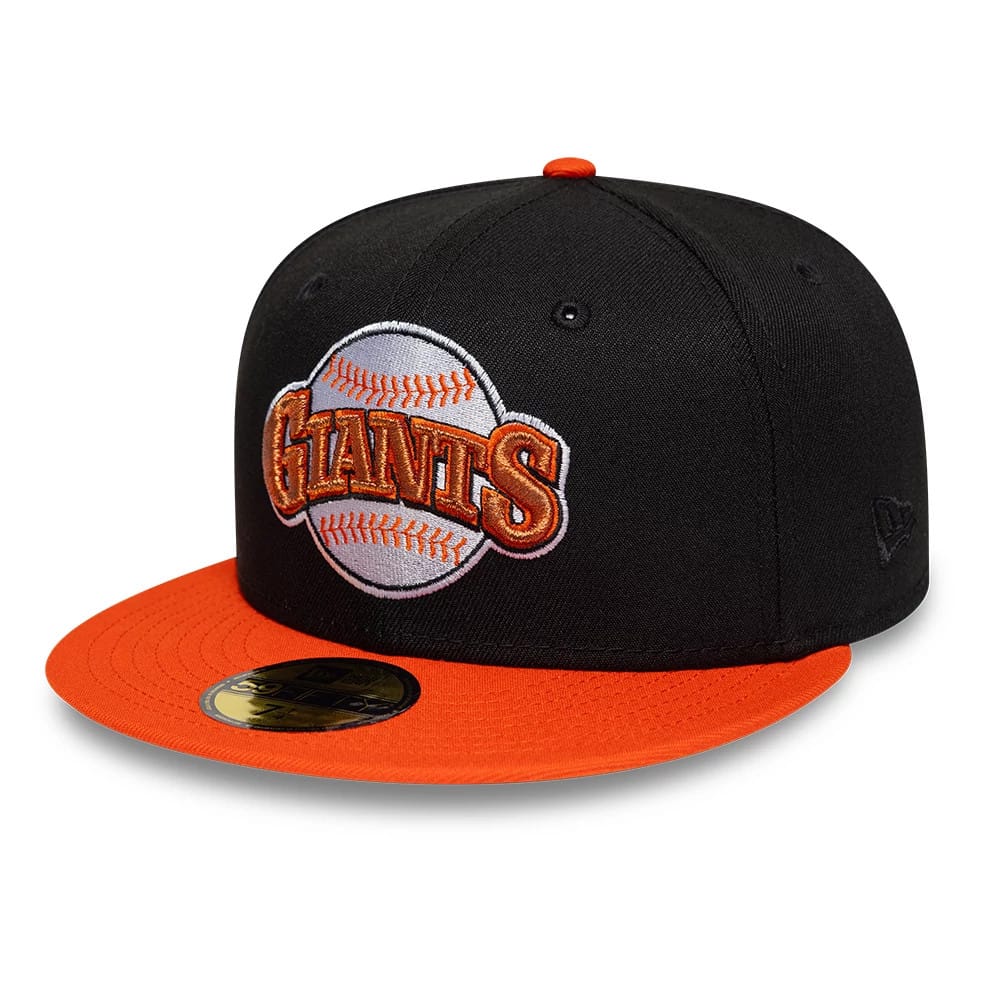 San Francisco Giants MLB Cooperstown Black New Era 59FIFTY Fitted Cap, three-quarter view showing a white and orange embroidered Giants logo on the black front panel, bright orange flat visor with a gold 59FIFTY size sticker, and top button.