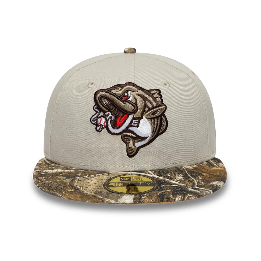 Gwinnett Stripers MiLB Hometown Beige New Era 59FIFTY Fitted Cap, front view showing the embroidered fish logo on the front panel, a textured camouflage pattern on the flat visor, and a gold 59FIFTY size sticker.