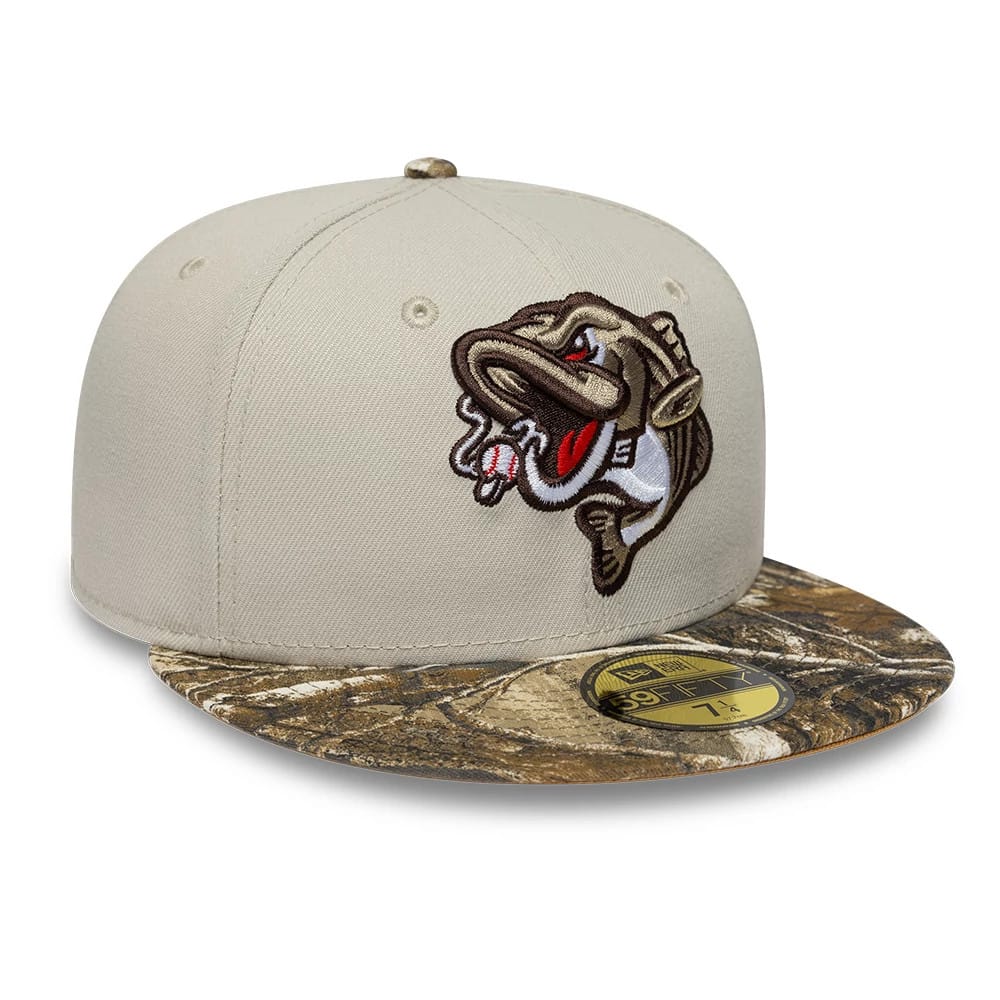 Gwinnett Stripers MiLB Hometown Beige New Era 59FIFTY Fitted Cap, front view showing a detailed fish logo with brown, red, and white embroidery on the front panel, a camouflage-patterned flat visor, and a gold 59FIFTY size sticker.