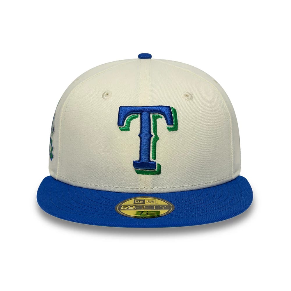 Pictured is this MLB Cooperstown Texas Rangers 59FIFTY Fitted cap in white & blue. 3