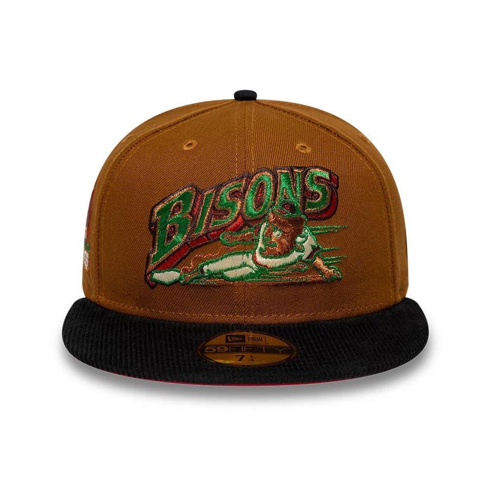 Buffalo Bisons MiLB Hometown Brown New Era 59FIFTY Fitted Cap, front view showing a detailed Bisons logo with a baseball player in raised embroidery on the brown front panel, paired with a black flat visor and a gold 59FIFTY size sticker.