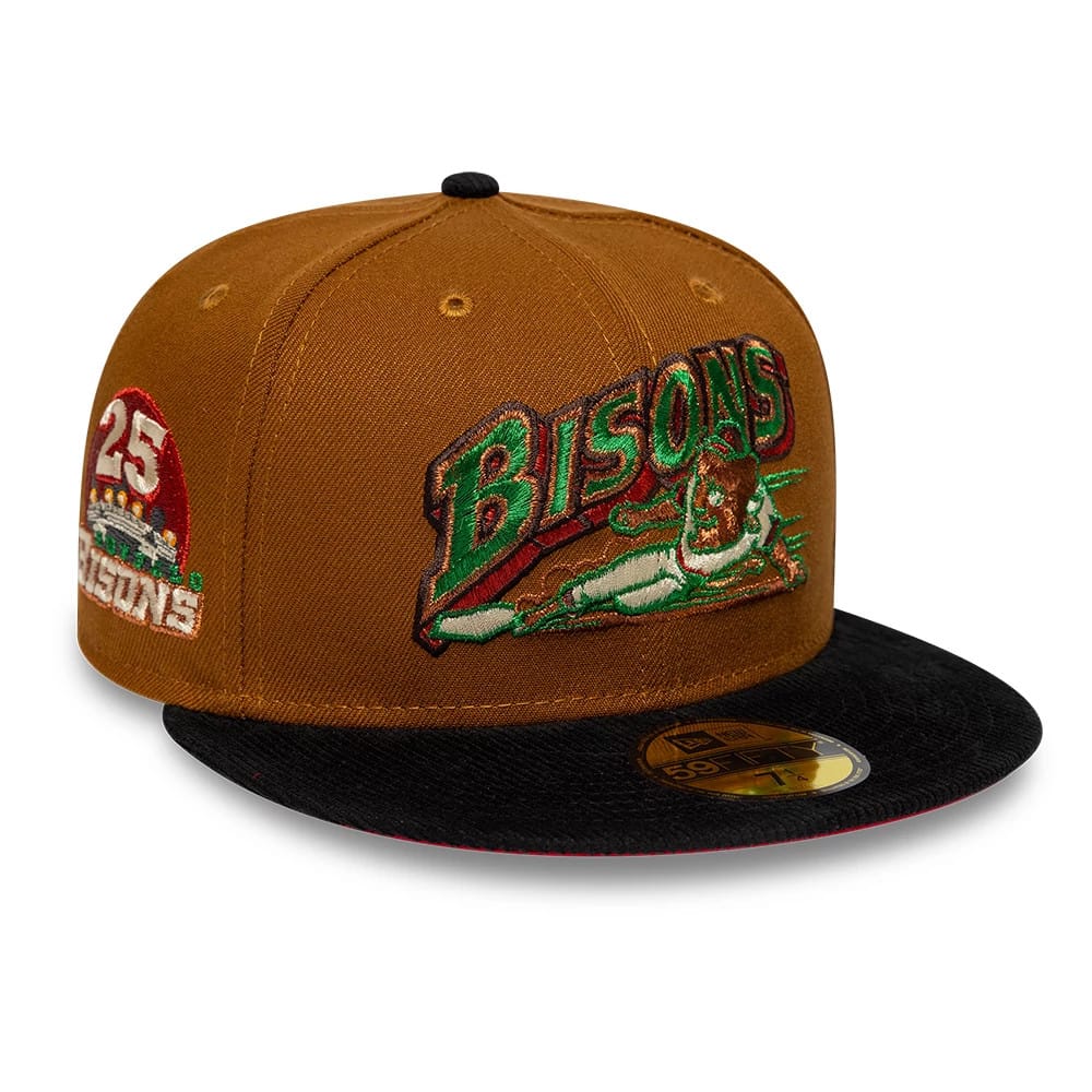 Buffalo Bisons MiLB Hometown Brown New Era 59FIFTY Fitted Cap, three-quarter view with a colourful Bisons logo in raised embroidery on the front panel, a black flat visor with a gold 59FIFTY size sticker, and a 25th-anniversary patch on the side.