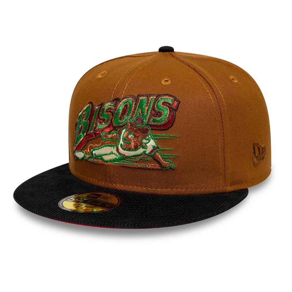 Buffalo Bisons MiLB Hometown Brown New Era 59FIFTY Fitted Cap, three-quarter view showing a colourful embroidered Bisons logo on the front panel, with a contrasting black visor and a gold 59FIFTY size sticker on the visor.