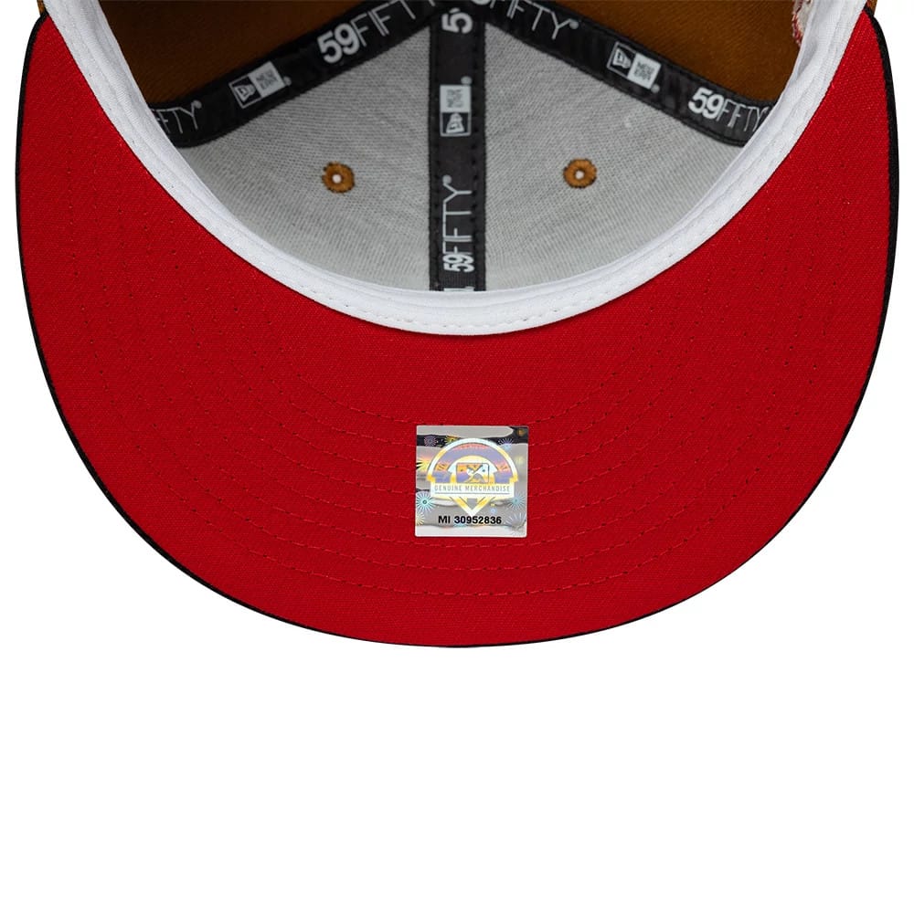 Buffalo Bisons MiLB Hometown Brown New Era 59FIFTY Fitted Cap, inside view showing the red undervisor with a sticker, black 59FIFTY branded taping along the seams, and grey sweatband lined with gold eyelets on the crown.