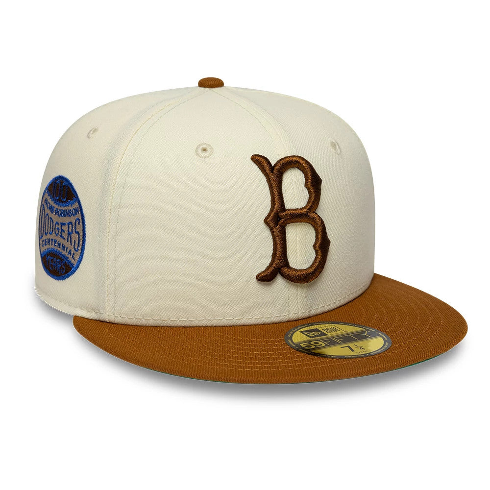 Brooklyn Dodgers MLB Jackie Robinson White New Era 59FIFTY Fitted Cap, front view showing the brown embroidered B on the structured white front panels, with a brown flat visor and a gold 59FIFTY size sticker, plus a blue side patch detail.