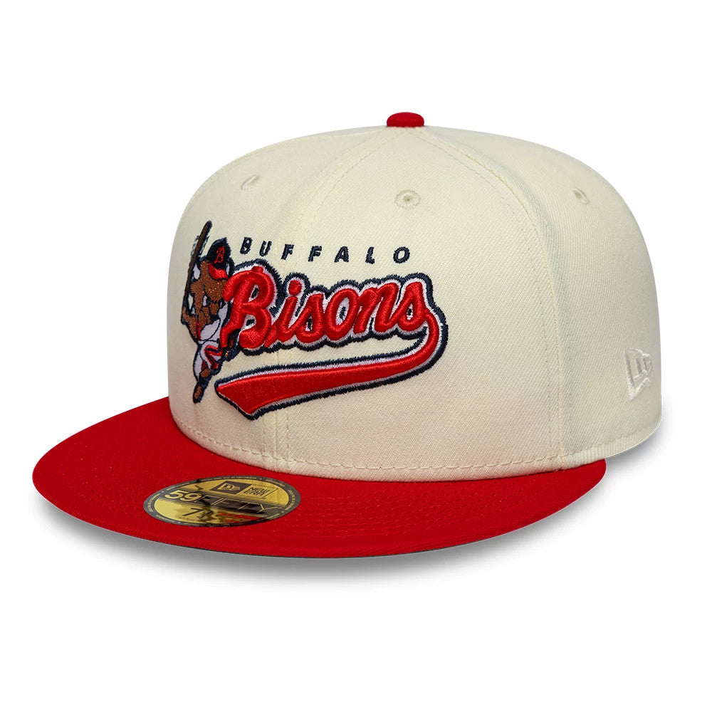 Pictured is this MiLB Hometown Buffalo Bisons 59FIFTY Fitted cap in white & red. 1