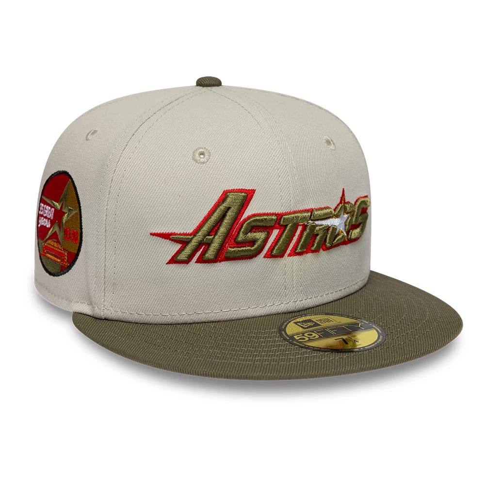 Houston Astros MLB Cooperstown Beige & Green New Era 59FIFTY Fitted Cap, three-quarter view showing the raised red and green Astros logo on the beige front panel, complemented by a green flat visor and gold 59FIFTY size sticker.