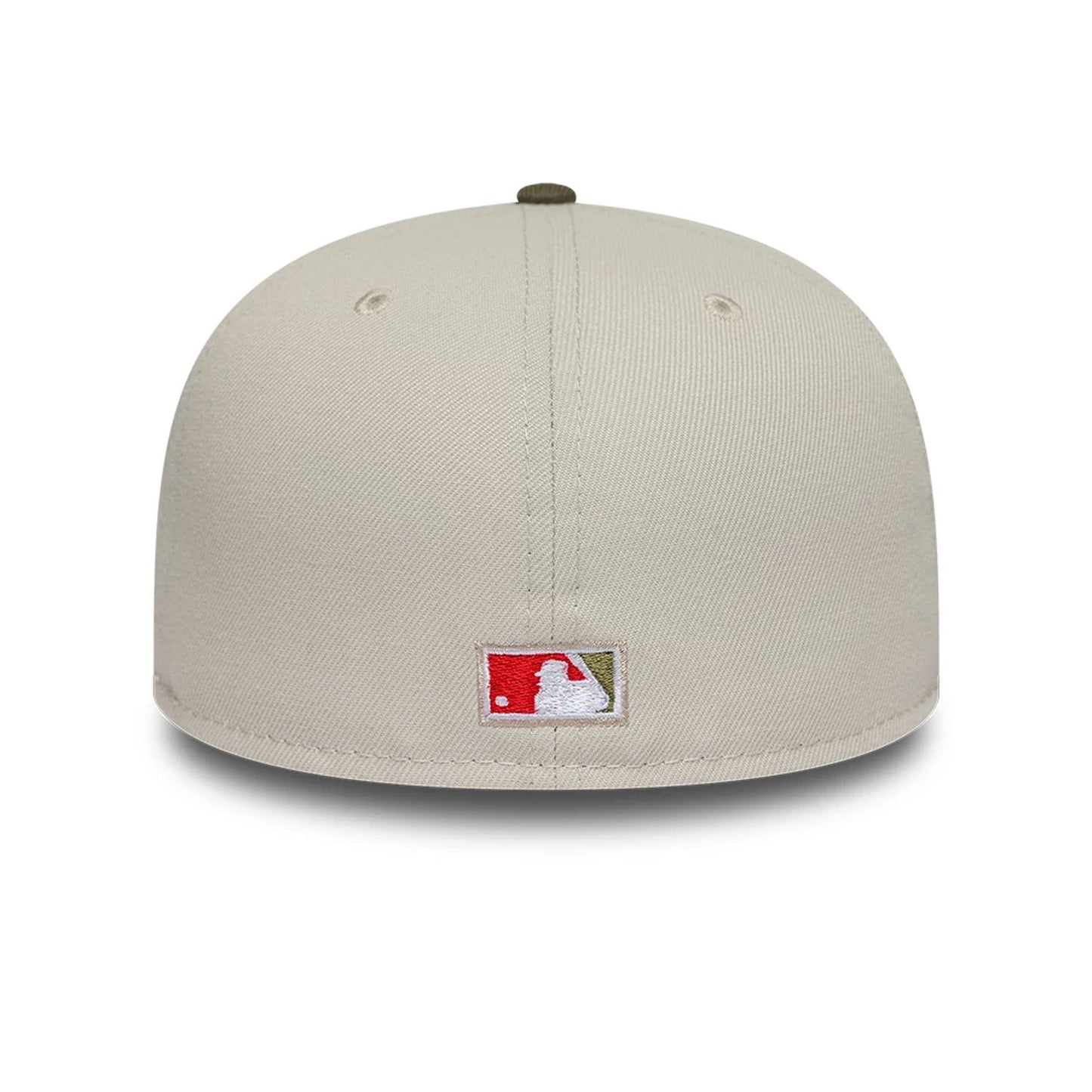 Houston Astros MLB Cooperstown Beige & Green New Era 59FIFTY Fitted Cap, rear view showing the embroidered red and white MLB Batterman logo at the centre back of the beige structured crown, with beige eyelets and a green top button.