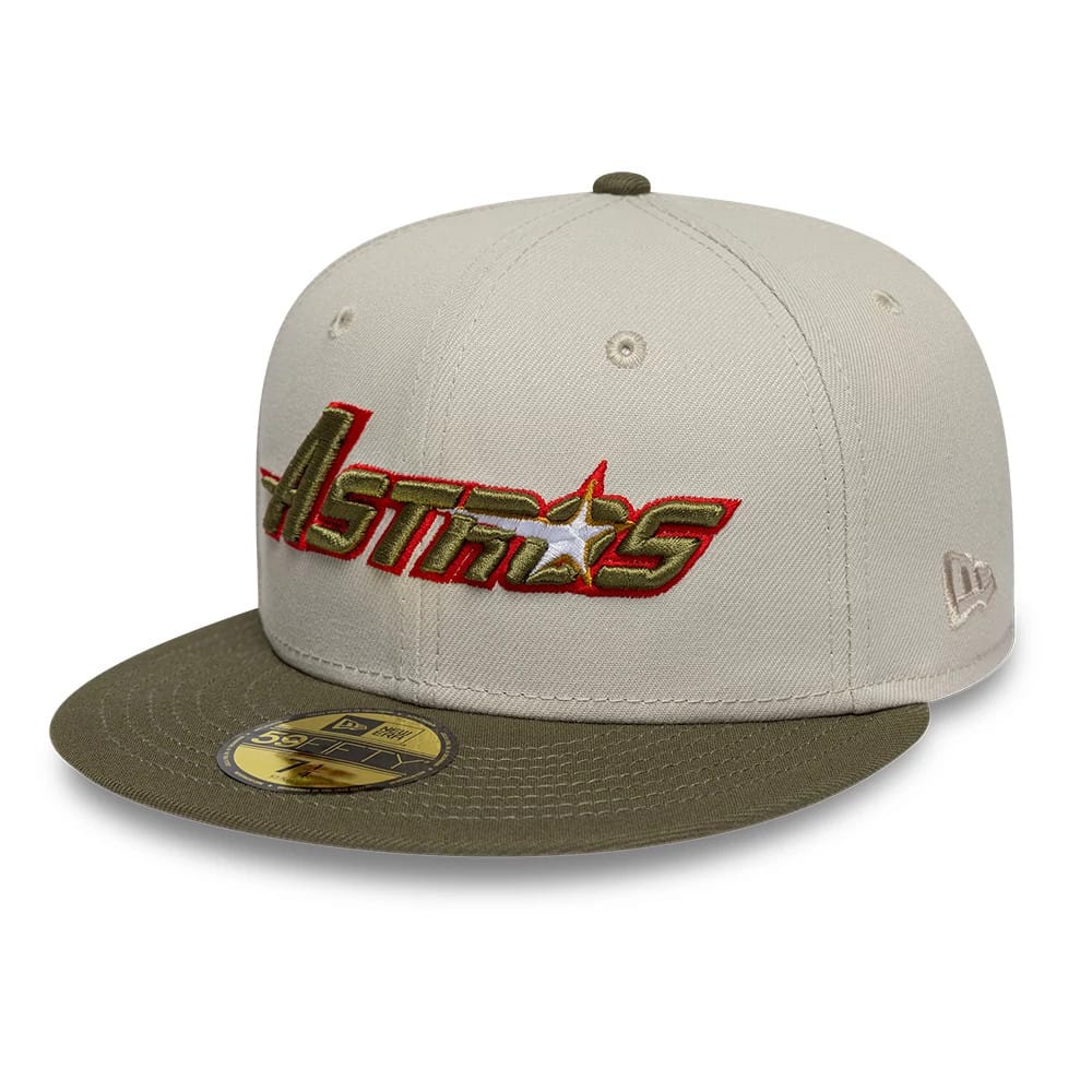 Houston Astros MLB Cooperstown Beige & Green New Era 59FIFTY Fitted Cap, front view showing the raised red and green Astros wordmark embroidered on the front panel, olive green flat visor with gold 59FIFTY size sticker.