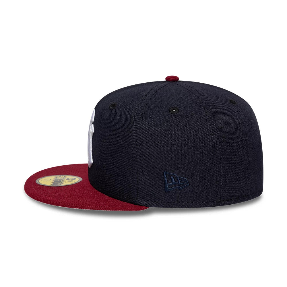 Pictured is this MLB Cooperstown New York Yankees 59FIFTY Fitted cap in navy & dark red. 7