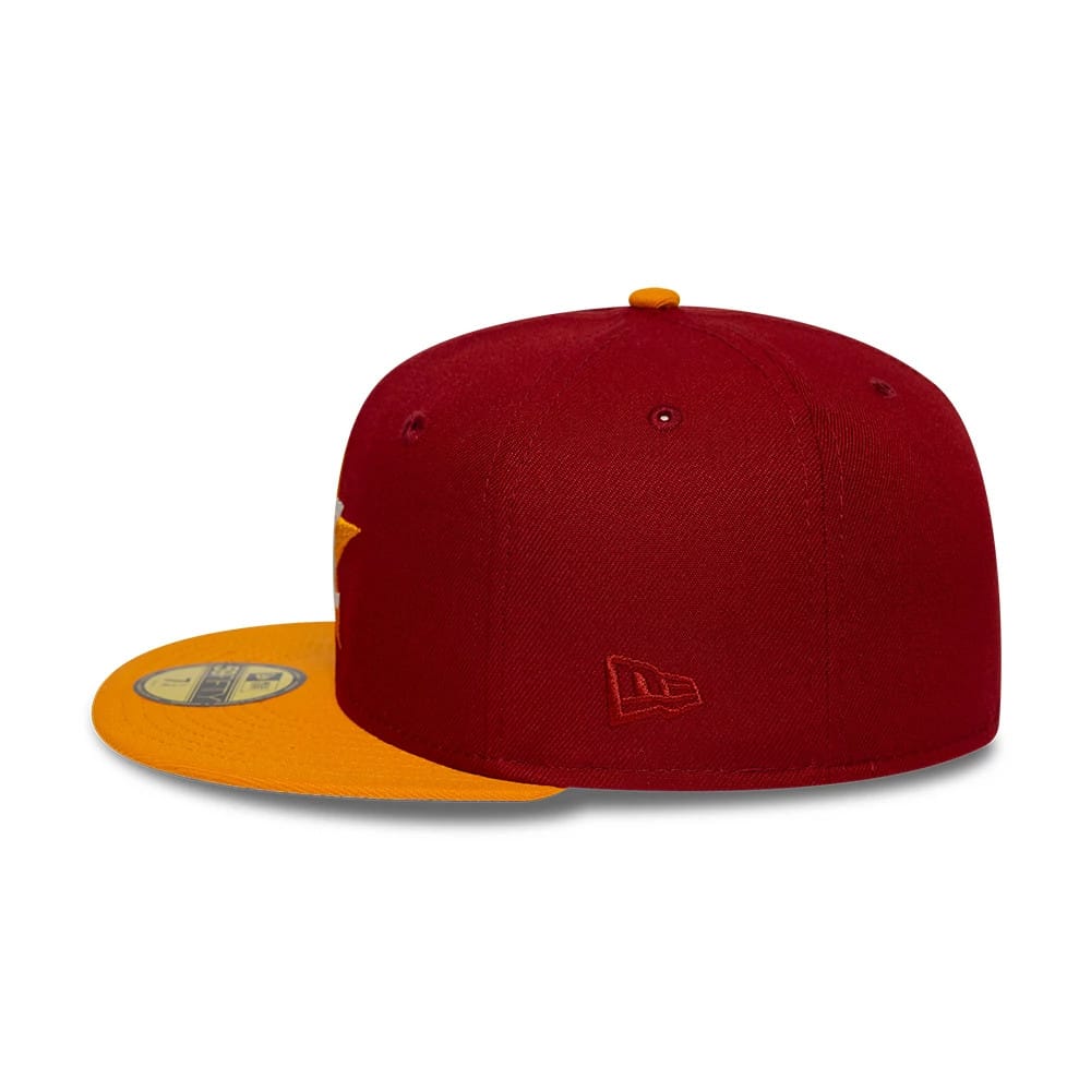 Houston Astros MLB Cooperstown Dark Red New Era 59FIFTY Fitted Cap, side view showing the embroidered New Era flag logo on the left side of the dark red crown, with a contrasting yellow flat visor and a gold 59FIFTY size sticker.