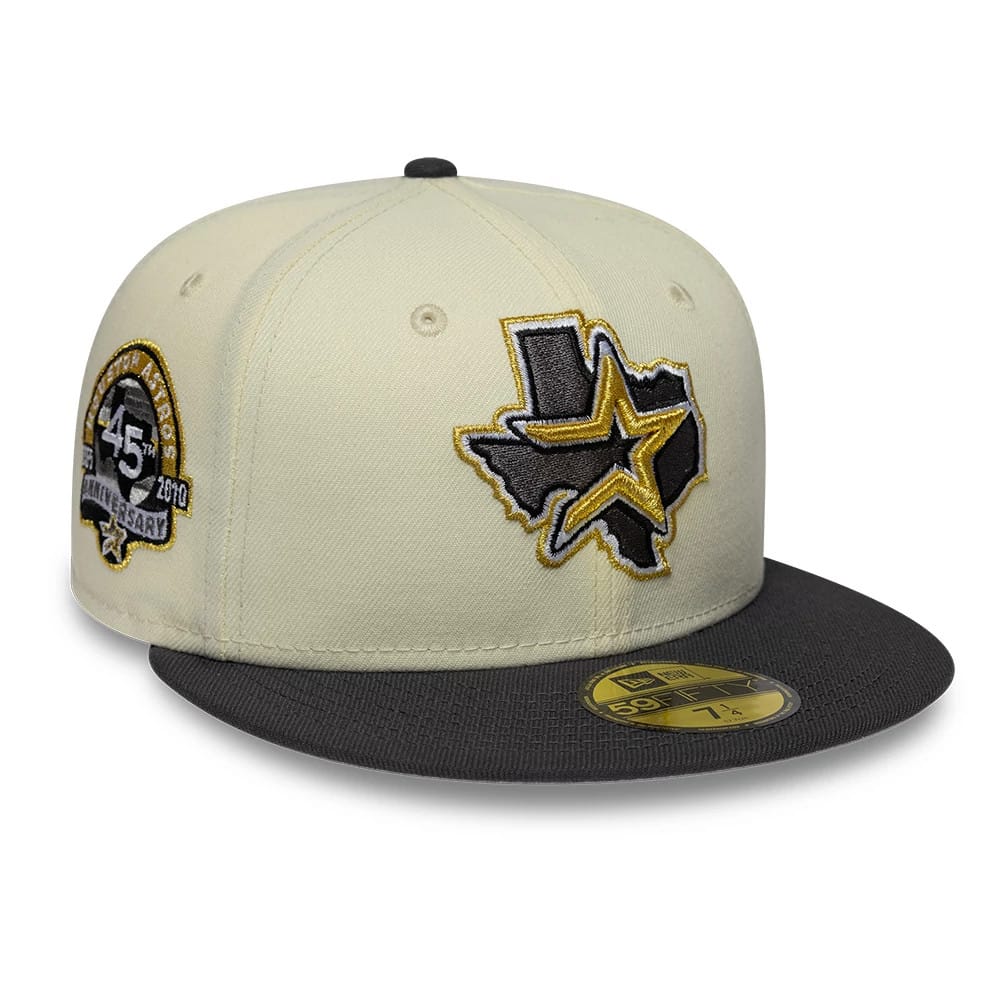 Houston Astros MLB Cooperstown White & Black New Era 59FIFTY Fitted Cap, front view showing a black and gold embroidered Texas and star logo on the front panel, a structured white crown, and a gold 59FIFTY size sticker on the black visor.