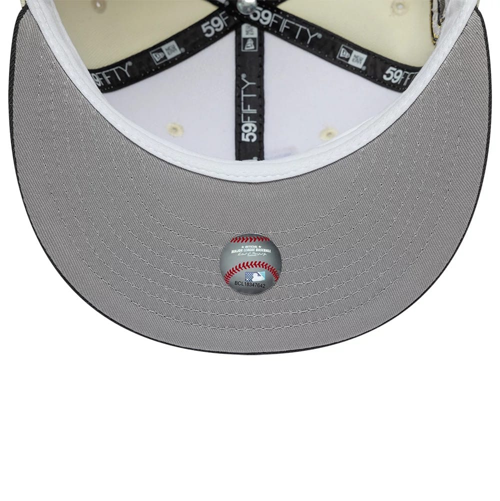 Houston Astros MLB Cooperstown White & Black New Era 59FIFTY Fitted Cap, inside view showing the black 59FIFTY branded taping, white sweatband and grey undervisor, with a baseball sticker featuring MLB branding at the centre.