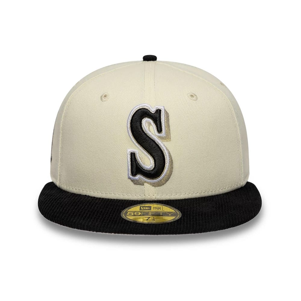 Pictured is this MLB Cooperstown Seattle Mariners 59FIFTY Fitted cap in white. 3