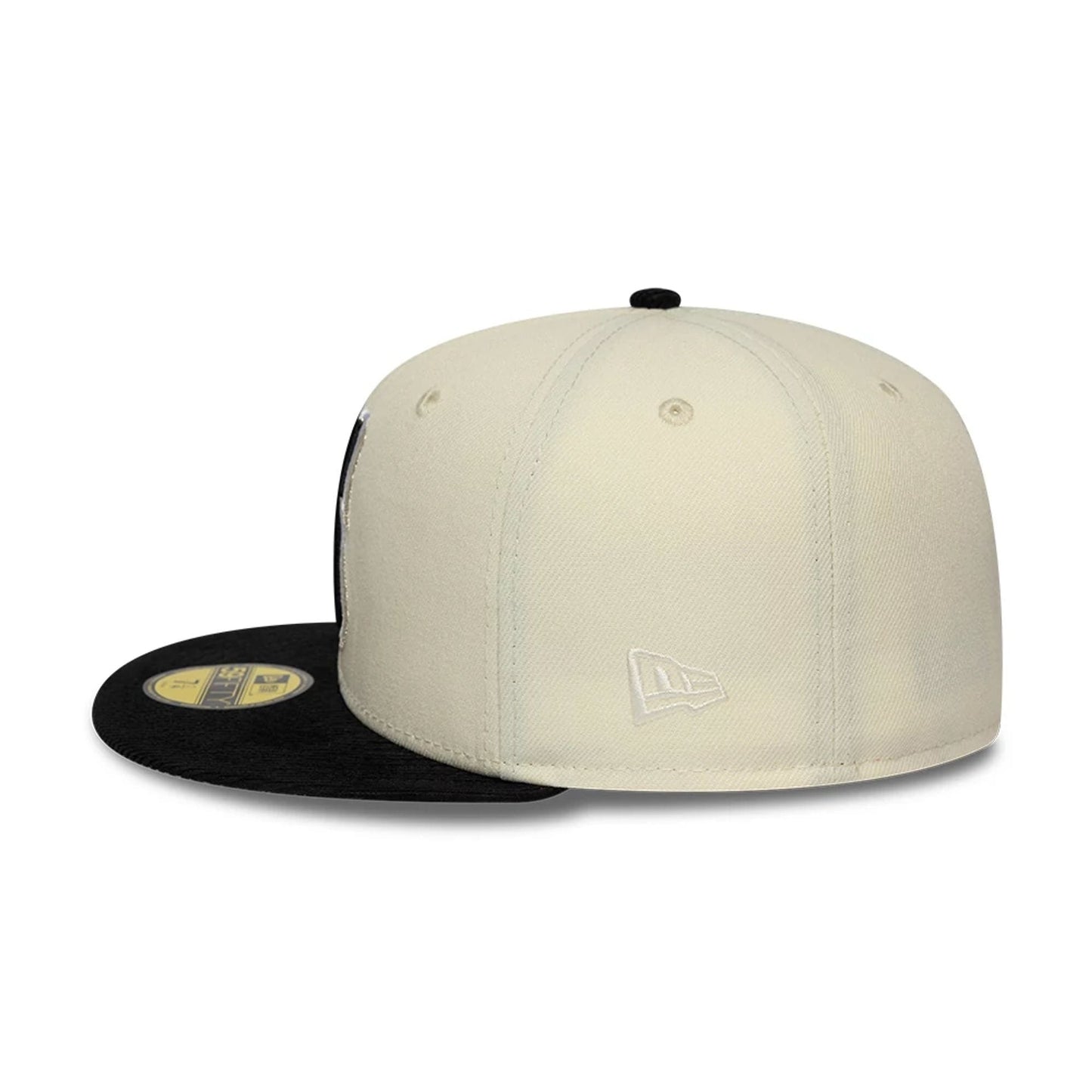 Seattle Mariners MLB Cooperstown White New Era 59FIFTY Fitted Cap, side view showing the white embroidered New Era flag logo on the left side of the structured white crown, with a black flat visor and a gold 59FIFTY size sticker on the visor.