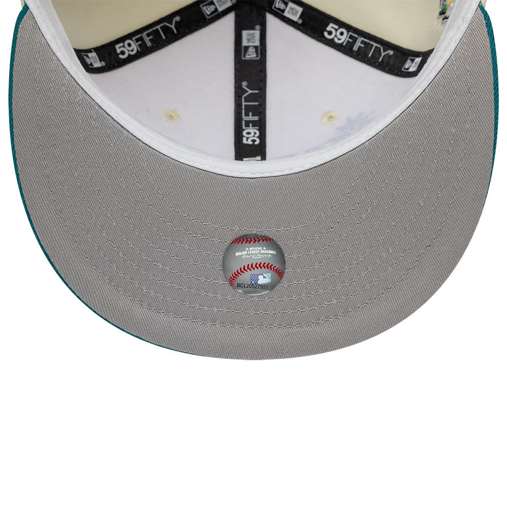 Seattle Mariners MLB Cooperstown White New Era 59FIFTY Fitted Cap, inside view showing grey undervisor with a central MLB sticker, black 59FIFTY branded taping along the seams, and a white sweatband lining an off-white crown.