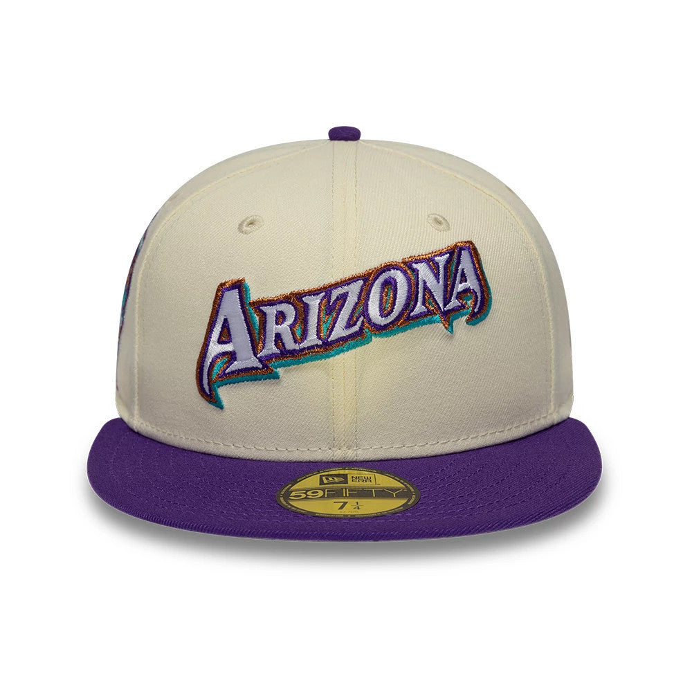 Arizona Diamondbacks MLB Cooperstown White New Era 59FIFTY Fitted Cap, front view showing the Arizona wordmark in purple with teal shadow embroidery on the structured white crown, purple flat visor and gold 59FIFTY size sticker.