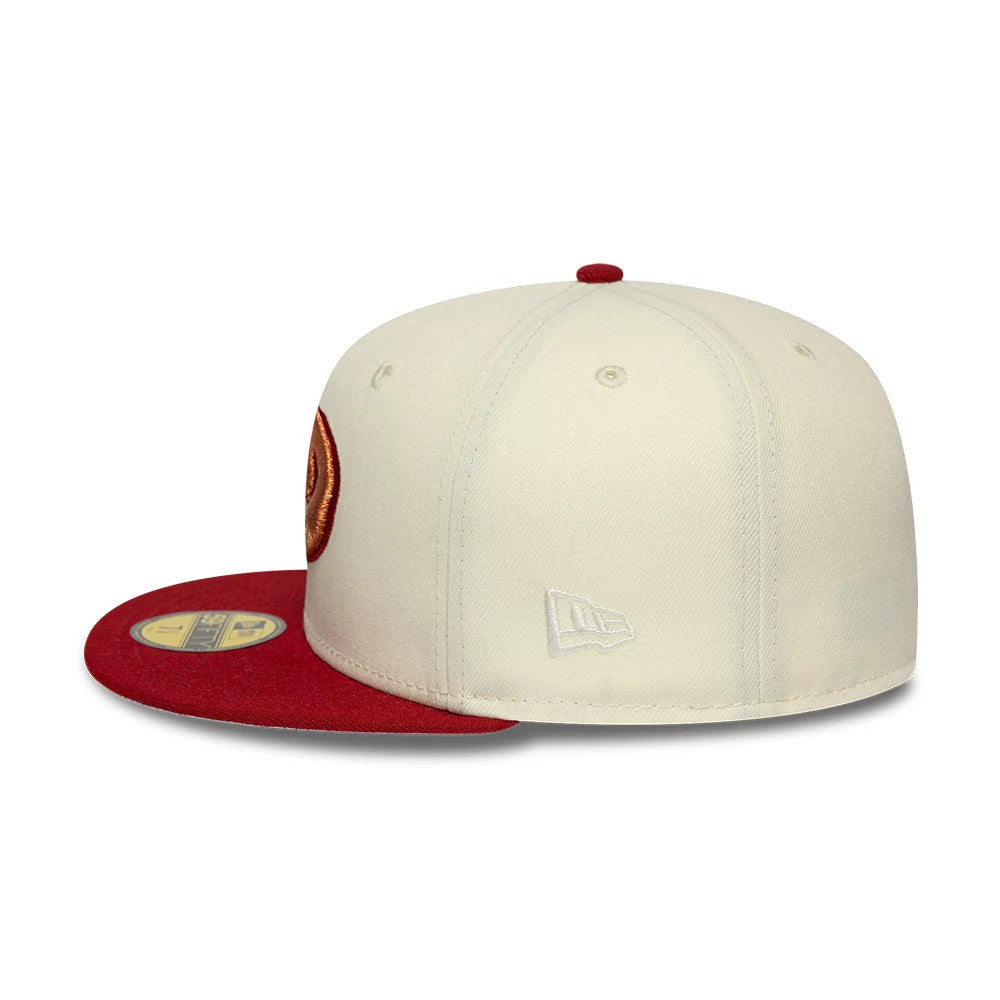 Arizona Diamondbacks MLB Cooperstown White New Era 59FIFTY Fitted Cap, side view showing the embossed white New Era flag logo on the left side of the structured white crown, with a contrasting red visor and a gold 59FIFTY size sticker on top.