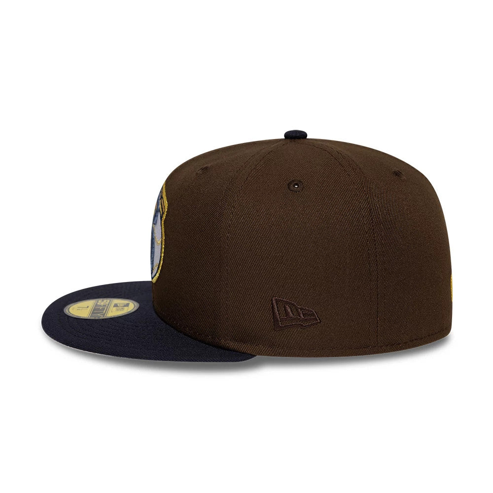 Pictured is this MLB Cooperstown Cleveland Guardians 59FIFTY Fitted cap in dark brown & navy. 7