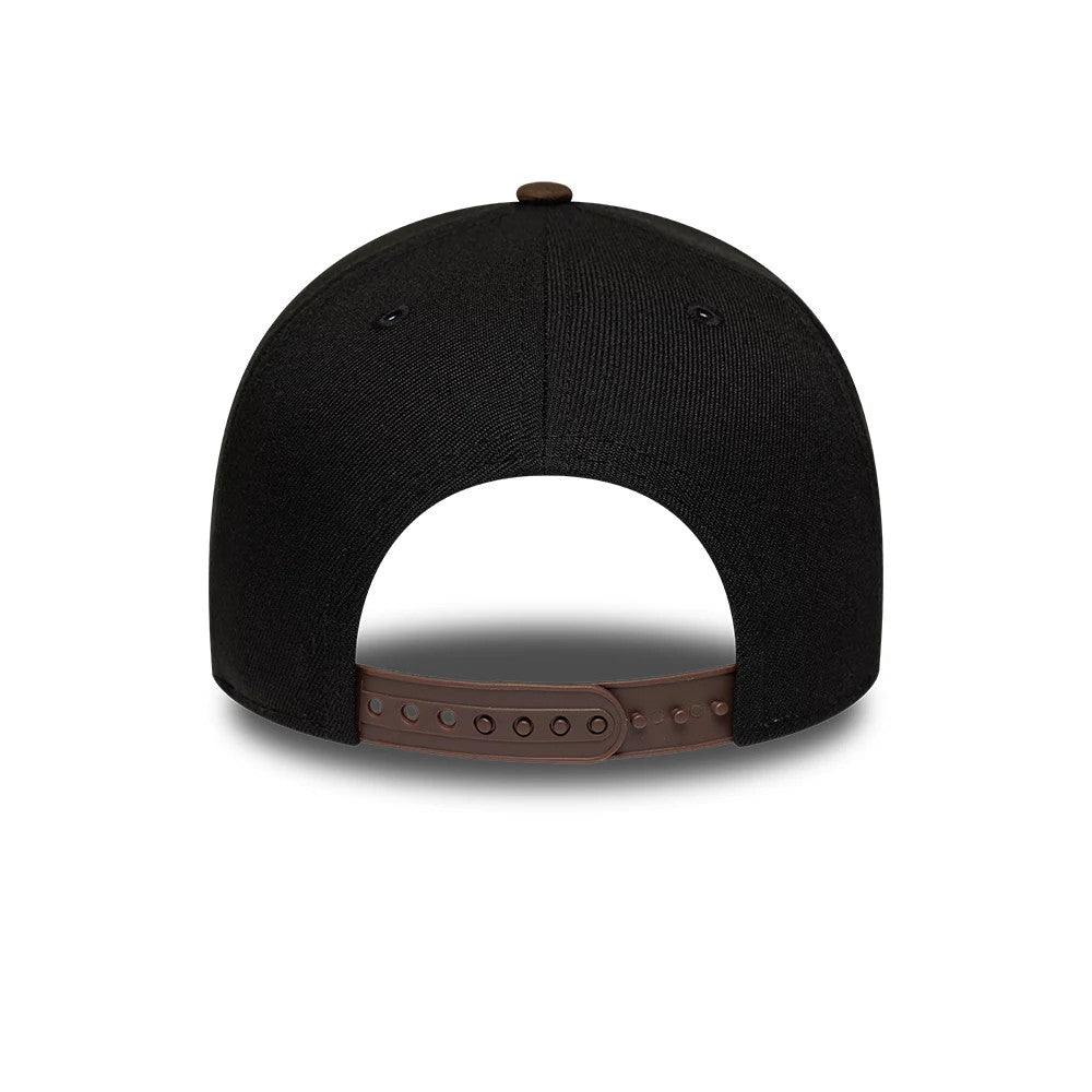 LA Dodgers MLB Cooperstown Black & Brown New Era 9FORTY A-Frame Cap, rear view showing the adjustable brown snap closure, a black structured crown with matching eyelets on the panels, and a brown top button for a contrasting design.
