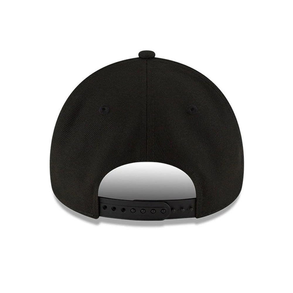 Toronto Blue Jays MLB Cooperstown Black New Era 9FORTY A-Frame Cap, rear view showing the black adjustable snap closure and the structured back panels with matching embroidered eyelets, offering a classic fit and style.