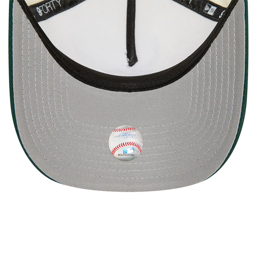 New York Yankees Chrome White And Dark Green New Era 9FORTY A-Frame Adjustable Cap, inside view showing the grey undervisor with a baseball graphic, black sweatband featuring a 9FORTY label, and black taping along the interior seams.