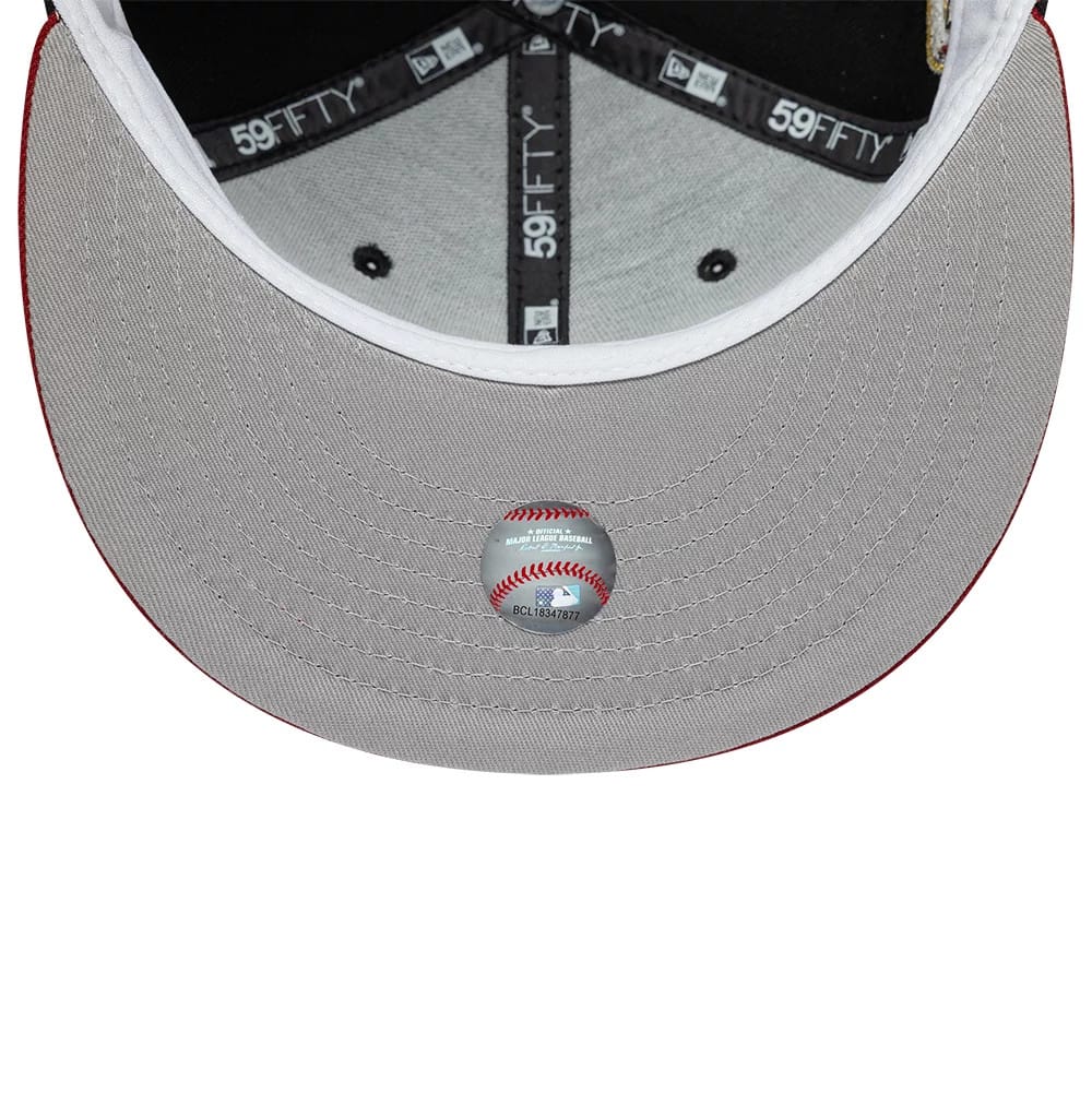 Houston Astros MLB Cooperstown Black & Red New Era 59FIFTY Fitted Cap, inside view showing the grey undervisor with a central MLB sticker, black interior taping with 59FIFTY logo, and a contrasting white sweatband.