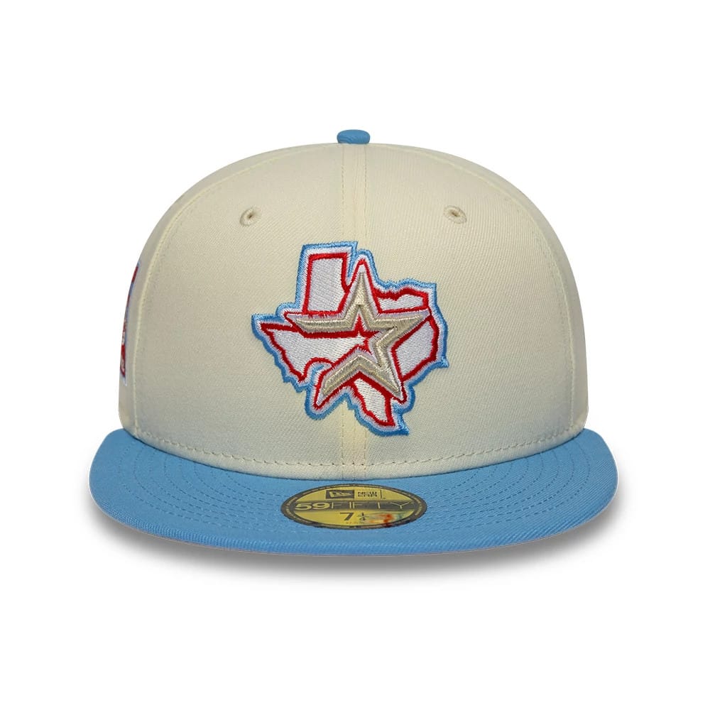 Houston Astros MLB Cooperstown Cream New Era 59FIFTY Fitted Cap, front view showing the red and blue embroidered state of Texas and star logo on the cream front panel, with a contrasting light blue visor and gold 59FIFTY size sticker.