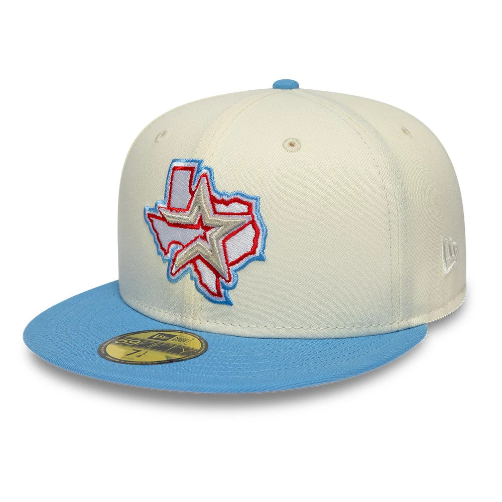 Houston Astros MLB Cooperstown Cream New Era 59FIFTY Fitted Cap, front view showing a large red, blue, and grey embroidered logo on the cream front panel, a light blue flat visor, and a gold 59FIFTY size sticker on the exposure.