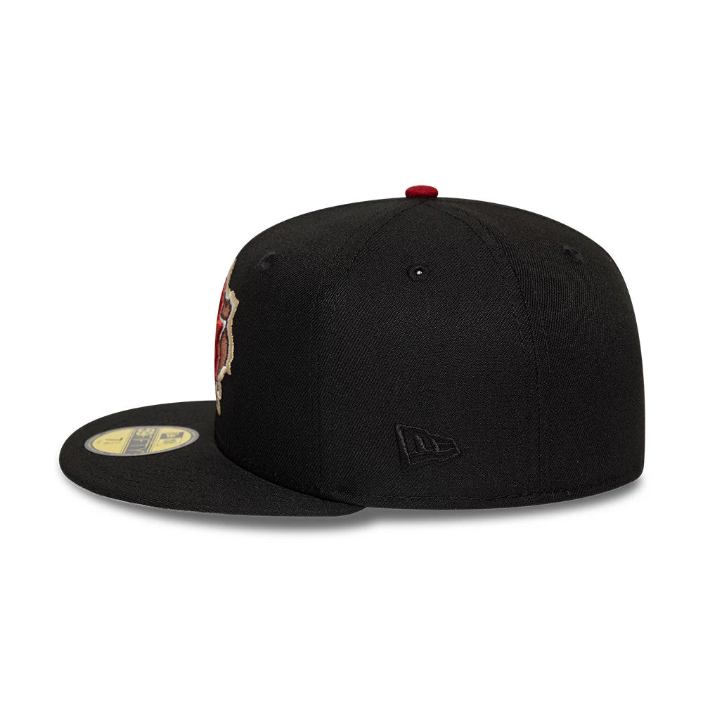 Houston Astros MLB Cooperstown Black New Era 59FIFTY Fitted Cap, side view showing the embroidered New Era flag logo on the left side, a flat black visor with a gold 59FIFTY size sticker, and a red top button.