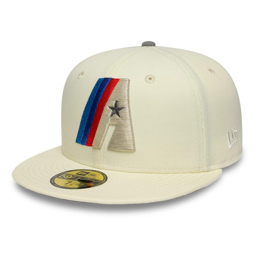 Houston Astros MLB Cooperstown Anniversary White New Era 59FIFTY Fitted Cap, three-quarter view showing the raised embroidered A logo with blue and red stripes on the front panel, a 59FIFTY size sticker on the flat white visor.