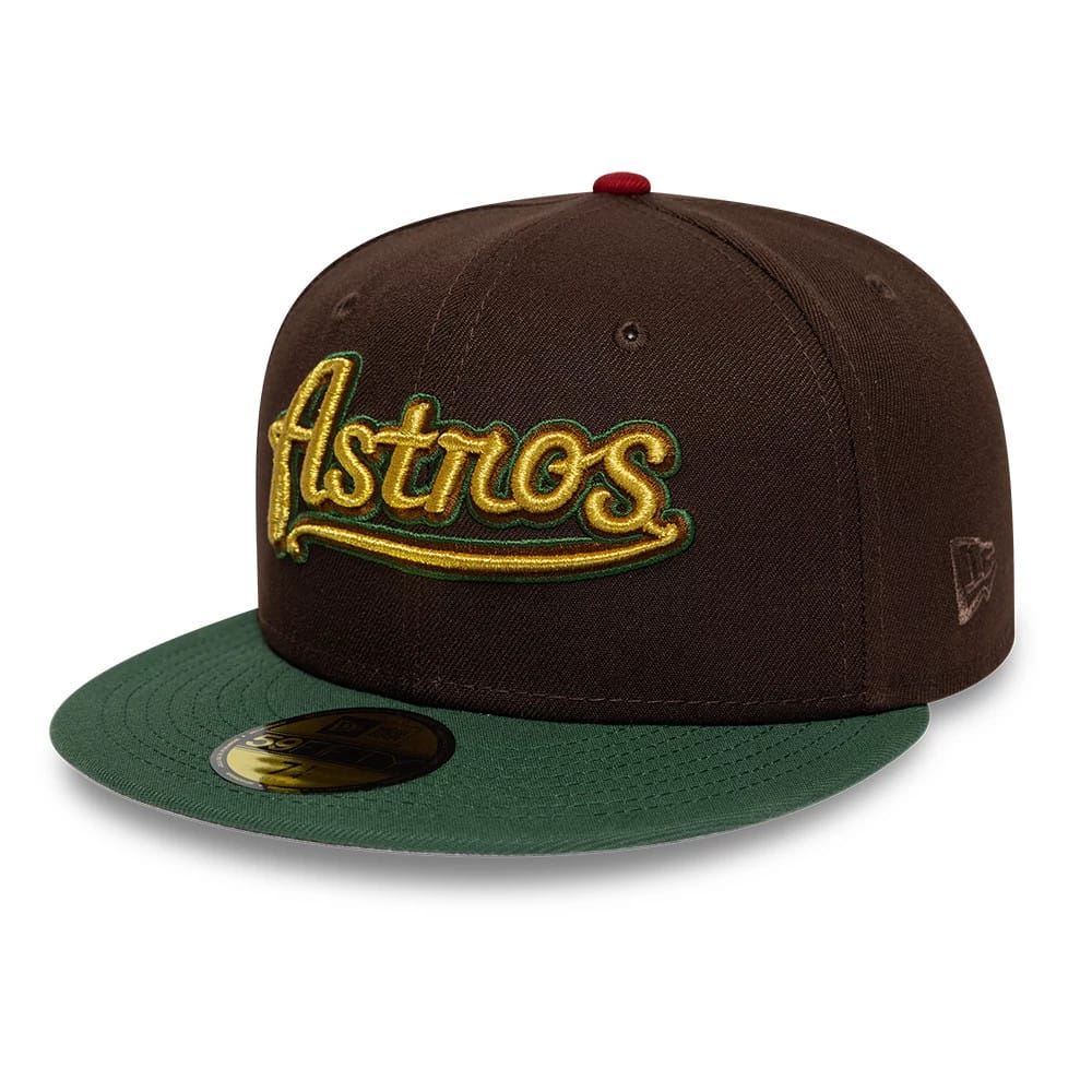 Houston Astros MLB Cooperstown Dark Brown & Green New Era 59FIFTY Fitted Cap, front view showing a gold and green embroidered Astros logo on the dark brown structured crown, with a contrasting green flat visor and a gold 59FIFTY size sticker.