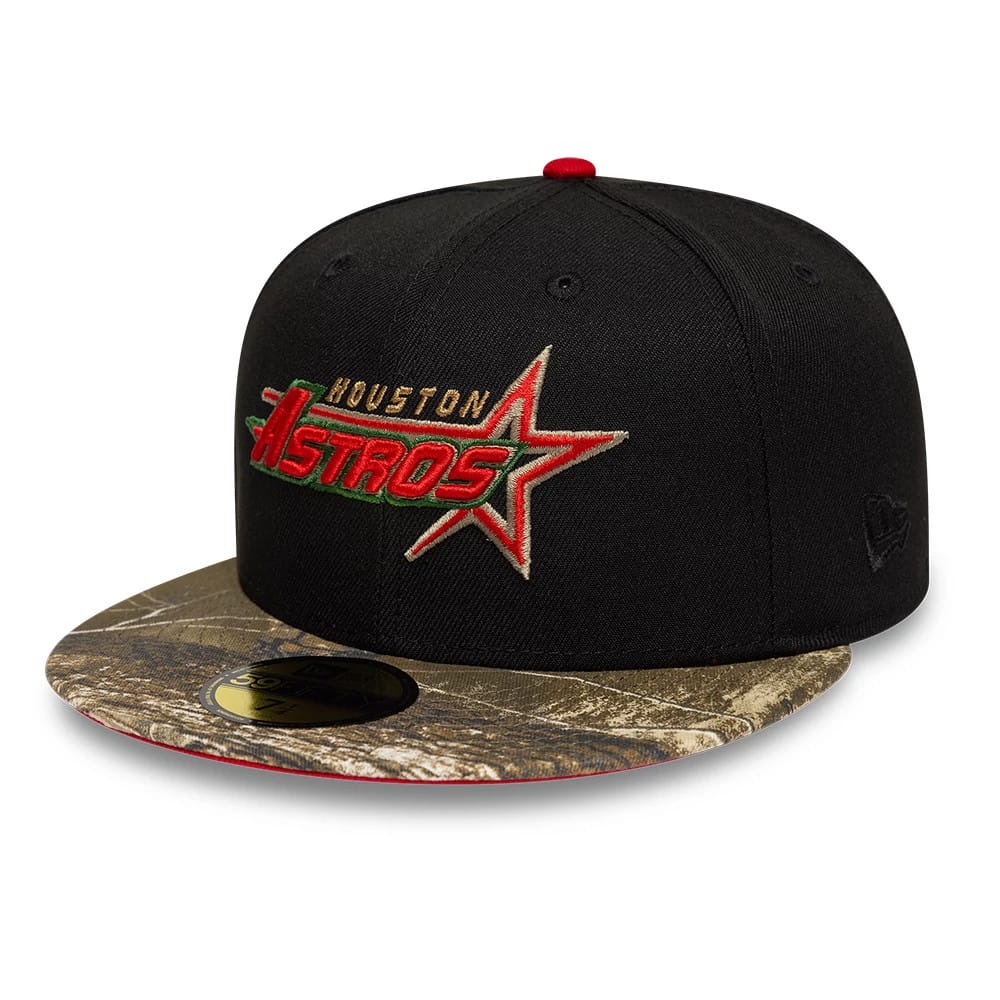 Houston Astros MLB Cooperstown Black New Era 59FIFTY Fitted Cap, front view showing the embroidered red and green Astros logo on the black crown, with a camouflage-patterned visor and a gold 59FIFTY size sticker, and a red top button.