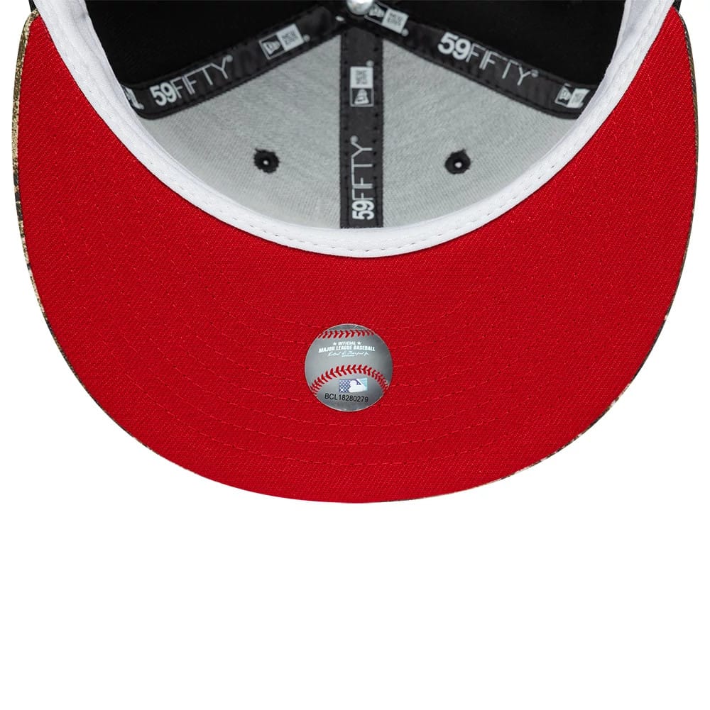 Houston Astros MLB Cooperstown Black New Era 59FIFTY Fitted Cap, inside view featuring a red undervisor, a size sticker with a baseball graphic, and detailed black taping with the 59FIFTY logo running along the grey interior lining.