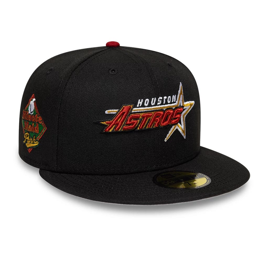 Houston Astros MLB Cooperstown Black New Era 59FIFTY Fitted Cap, three-quarter view showing the raised embroidered Houston Astros logo on the front panel, black flat visor with a gold 59FIFTY size sticker, and Minute Maid Park side patch.