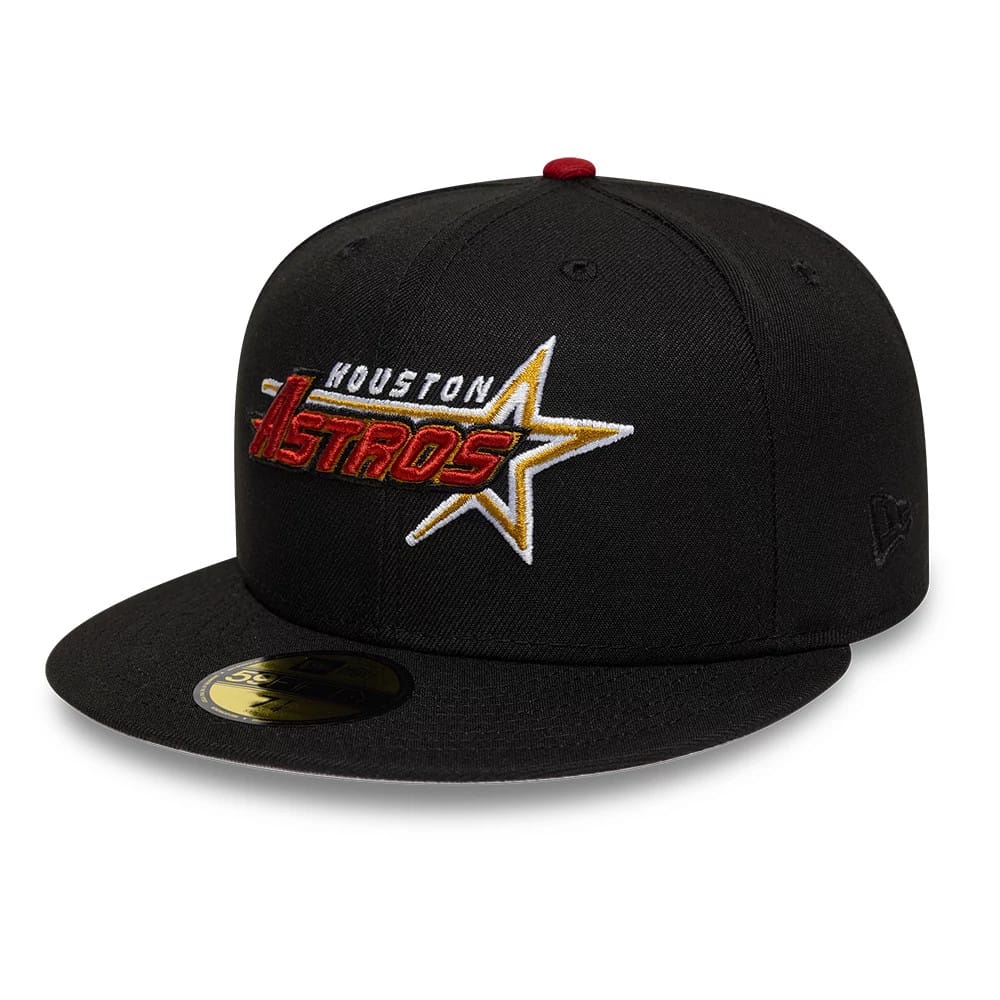 Houston Astros MLB Cooperstown Black New Era 59FIFTY Fitted Cap, front view showing the raised embroidered Houston Astros logo with a star in red and gold on the structured black crown, with a flat black visor and a gold 59FIFTY size sticker.