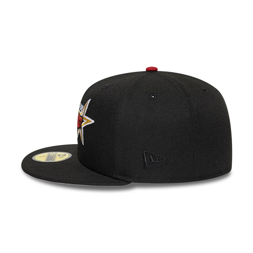 Houston Astros MLB Cooperstown Black New Era 59FIFTY Fitted Cap, side view showing the black embroidered New Era flag logo on the left side of the structured black crown, with a red top button and a gold 59FIFTY size sticker on the flat black visor.