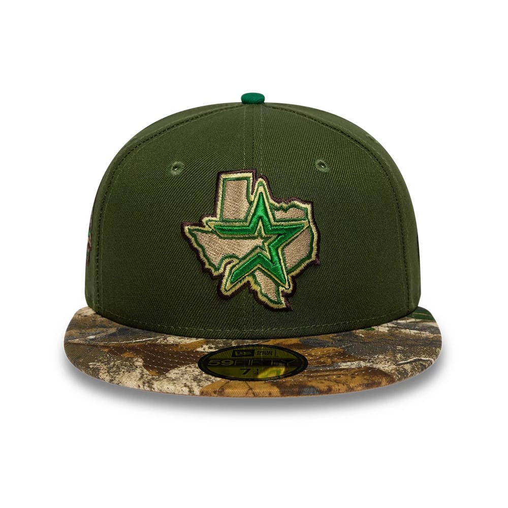 Houston Astros MLB Cooperstown Dark Green New Era 59FIFTY Fitted Cap, front view showing a gold embroidered Texas and green star logo on the front panel, with a camouflage-patterned visor and a gold 59FIFTY size sticker.