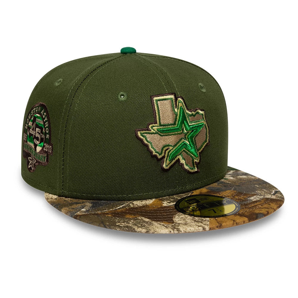 Houston Astros MLB Cooperstown Dark Green New Era 59FIFTY Fitted Cap, three-quarter view showing a green, tan, and brown embroidered Texas star logo on the front panel, a forest camouflage visor, and a gold 59FIFTY size sticker on the visor.
