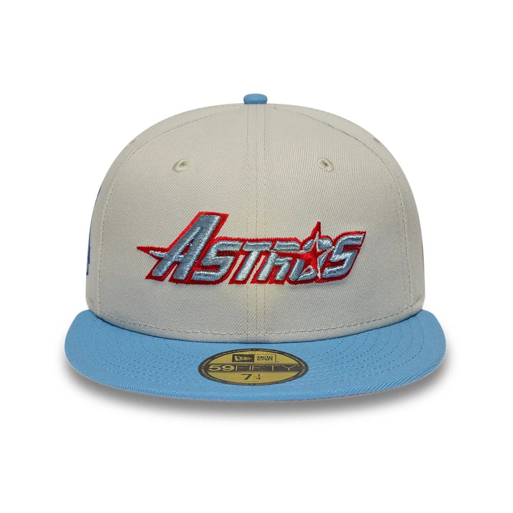 Pictured is this MLB Cooperstown Houston Astros 59FIFTY Fitted cap in beige & blue. 3
