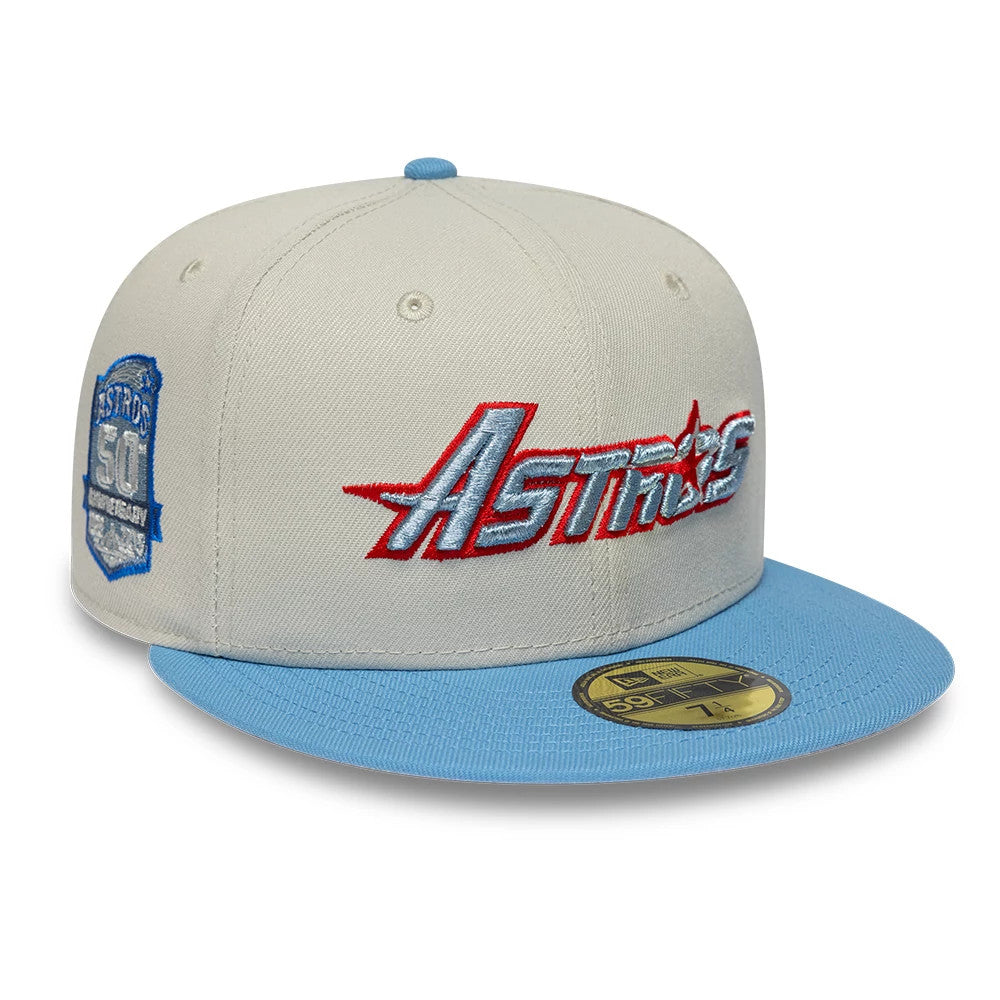 Pictured is this MLB Cooperstown Houston Astros 59FIFTY Fitted cap in beige & blue. 1